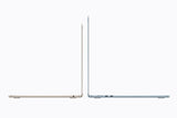 MacBook Air M5 13-inch Starlight beside 15-inch Sky Blue, side profile