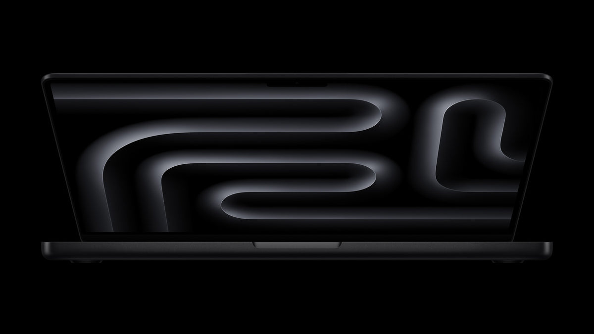 MacBook Pro 14-inch M5 Space Black, front open on black
