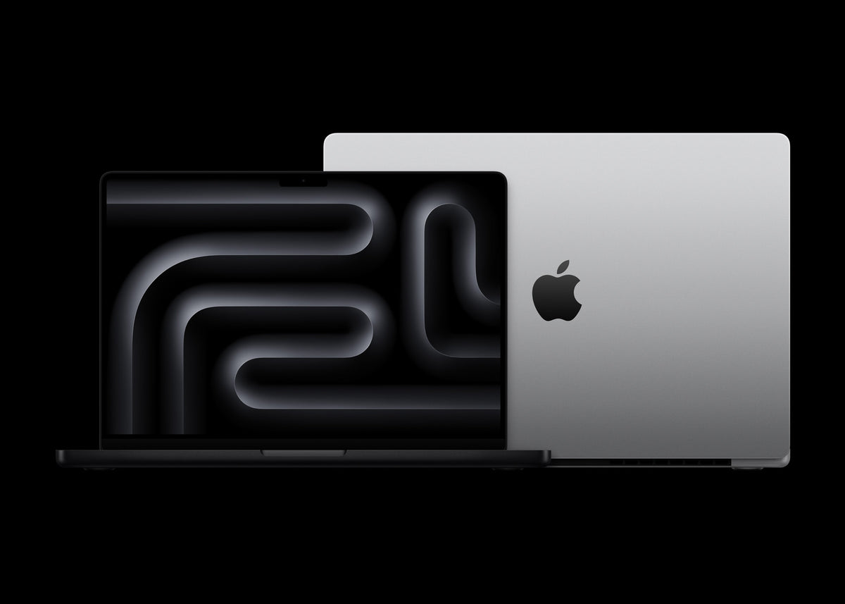 MacBook Pro M4 Pro Space Black front open with Silver seen from behind