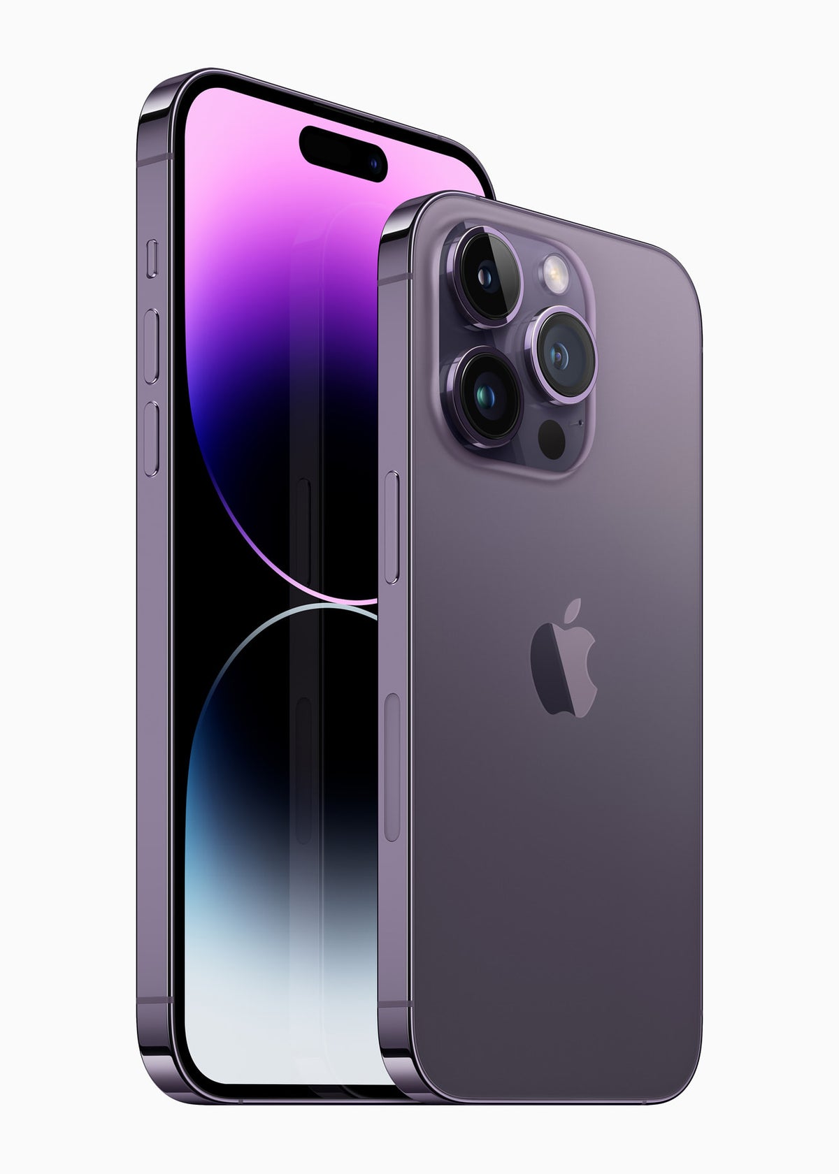 iPhone 14 Pro - Open Box Deep Purple, Pro Max front with Pro back, angled