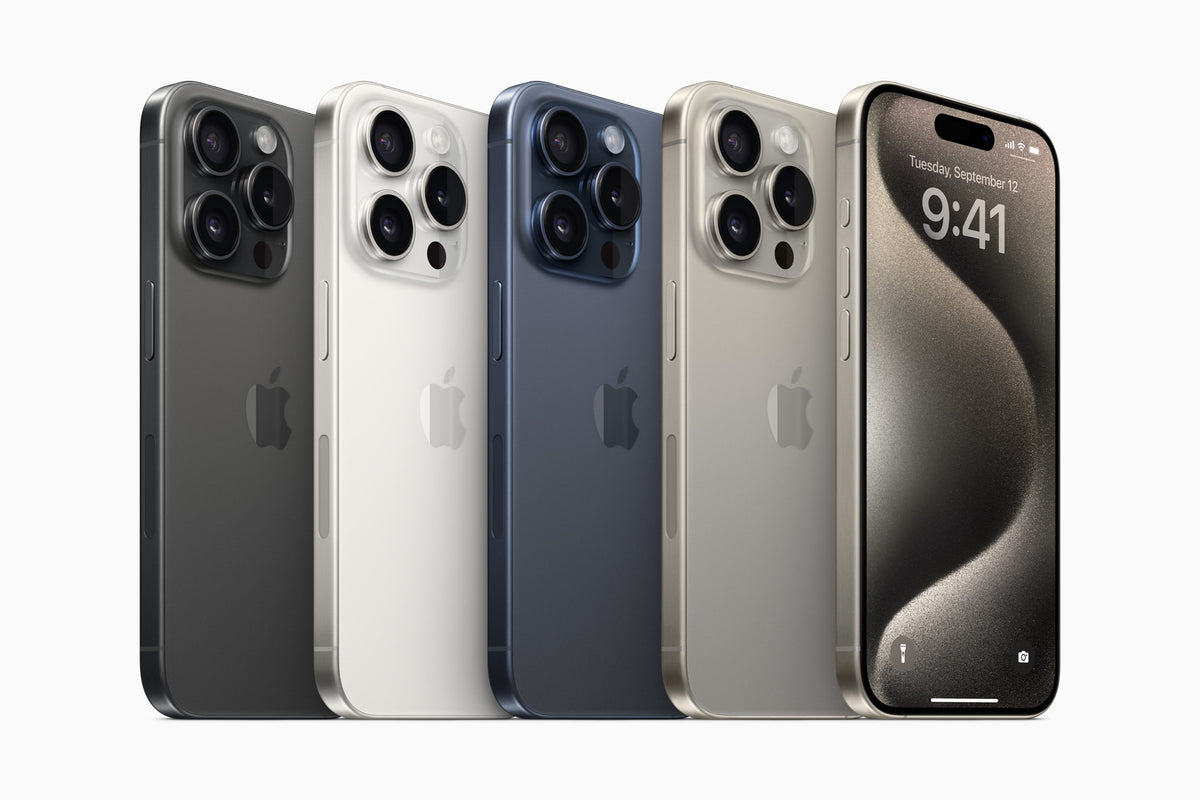 iPhone 15 Pro Max - Open Box All four titanium colors lineup, backs plus one front
