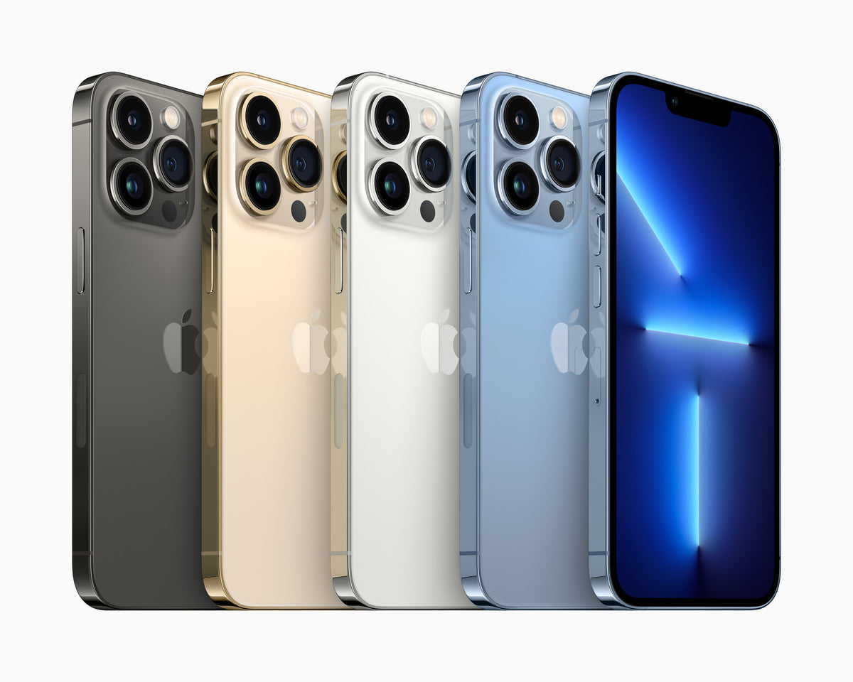 iPhone 13 Pro Max - Open Box Graphite, Gold, Silver and Sierra Blue lineup, backs plus one front