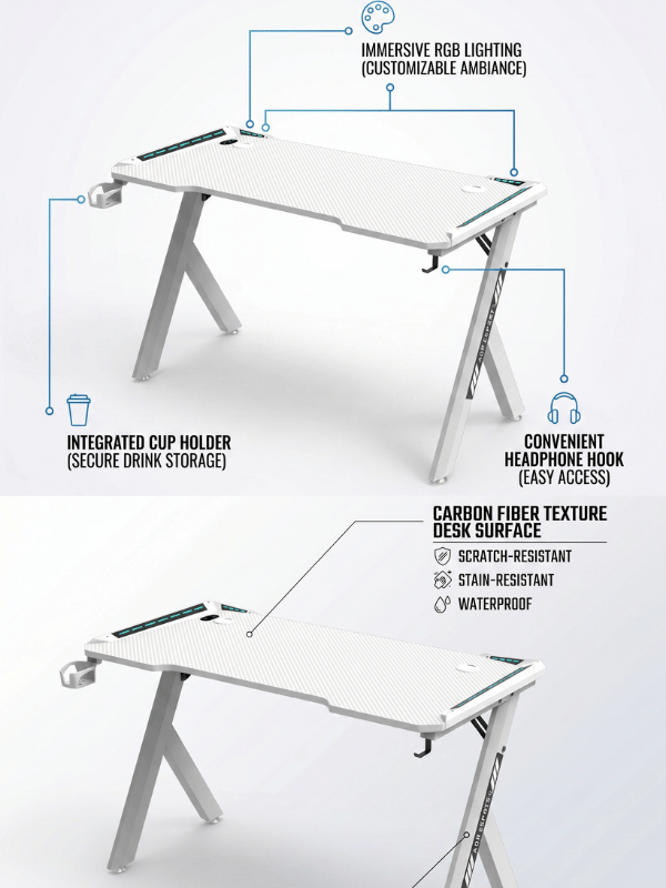 Gaming Desk RGB 120x60x72cm, White