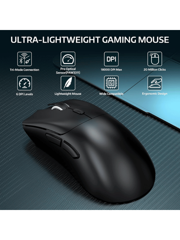 ATTACK SHARK R1 Wireless Gaming Mouse, 59g SUPERLIGHT Mouse, PixArt PAW3311 Gaming Sensor, Bluetooth/2.4G Wireless/Wired, BLACK