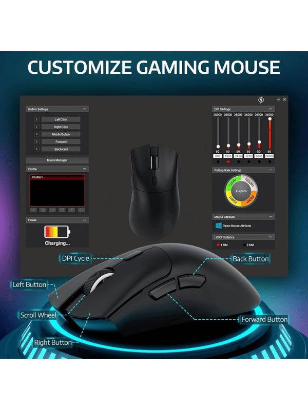 ATTACK SHARK R1 Wireless Gaming Mouse, 59g SUPERLIGHT Mouse, PixArt PAW3311 Gaming Sensor, Bluetooth/2.4G Wireless/Wired, BLACK