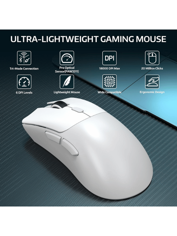 ATTACK SHARK R1 Wireless Gaming Mouse, 59g SUPERLIGHT Mouse, PixArt PAW3311 Gaming Sensor, Bluetooth/2.4G Wireless/Wired, WHITE