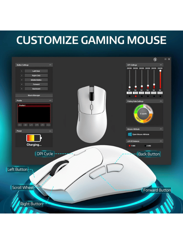 ATTACK SHARK R1 Wireless Gaming Mouse, 59g SUPERLIGHT Mouse, PixArt PAW3311 Gaming Sensor, Bluetooth/2.4G Wireless/Wired, WHITE