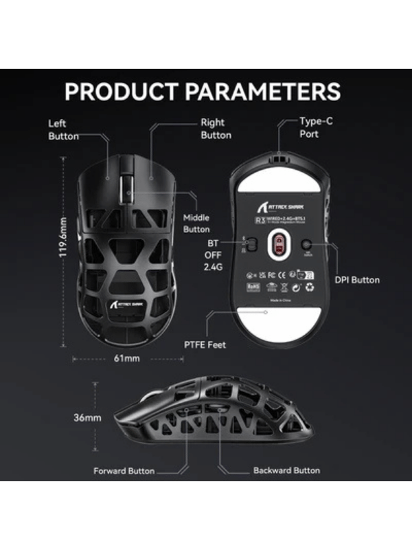 ATTACK SHARK R3 Magnesium Alloy Gaming Mouse, 46g SUPERLIGHT Mouse, 8000Hz Wireless Polling Rate, 6 Adjustable DPI up to 26000, PixArt PAW3395 Gaming Sensor, BT/2.4G Wireless/Wired