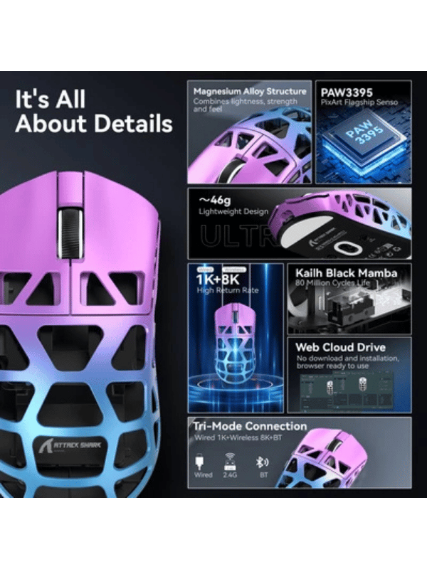 ATTACK SHARK R3 Magnesium Alloy Gaming Mouse, 46g SUPERLIGHT Mouse, 8000Hz Wireless Polling Rate, 6 Adjustable DPI up to 26000, PixArt PAW3395 Gaming Sensor, BT/2.4G Wireless/Wired