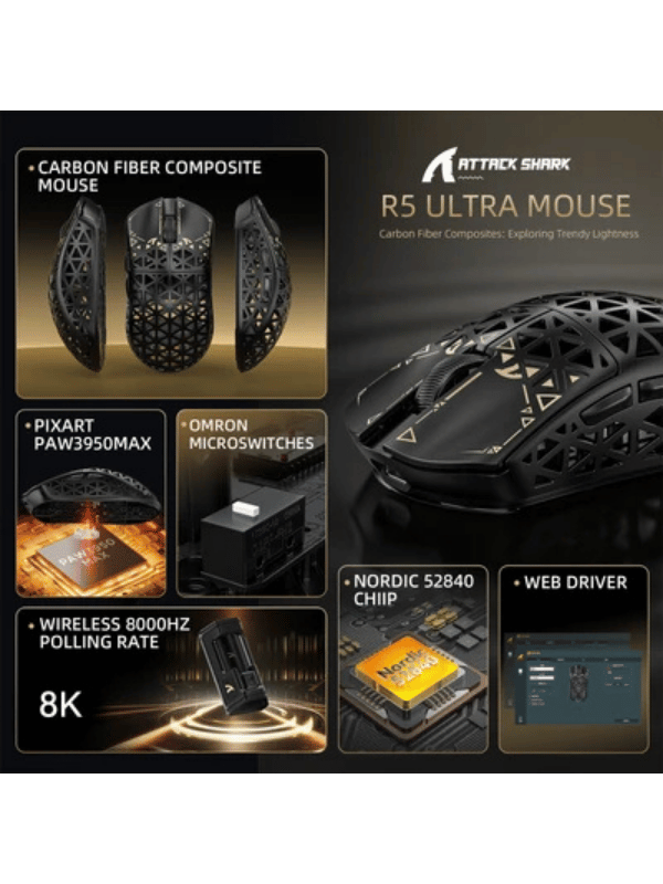 ATTACK SHARK R5 ULTRA Carbon Fiber Wireless Gaming Mouse, 39g SUPERLIGHT, PixArt PAW3950MAX Gaming Sensor, 8000Hz Wireless Polling Rate, MCU Nodic 52840, DPI up to 42000, BT/2.4G W