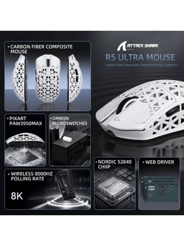 ATTACK SHARK R5 ULTRA Carbon Fiber Wireless Gaming Mouse, 39g SUPERLIGHT, PixArt PAW3950MAX Gaming Sensor, 8000Hz Wireless Polling Rate, MCU Nodic 52840, DPI up to 42000, BT/2.4G W