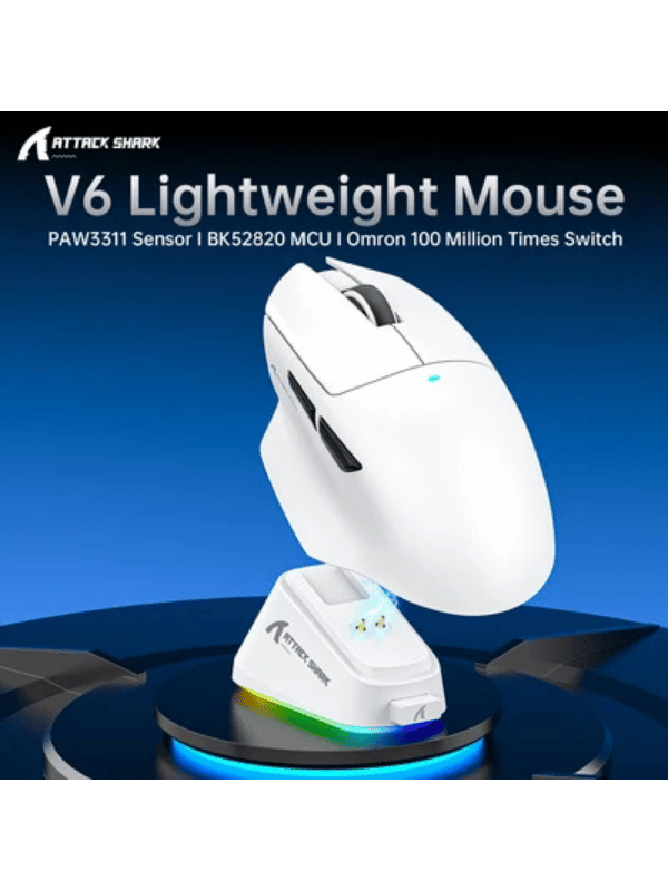 ATTACK SHARK V6 Ultra-Light Tri-Mode Gaming Mouse with Magnetic Charging Dock, PixArt PAW3311 Gaming Sensor, BT/2.4G Wireless/Wired, WHITE