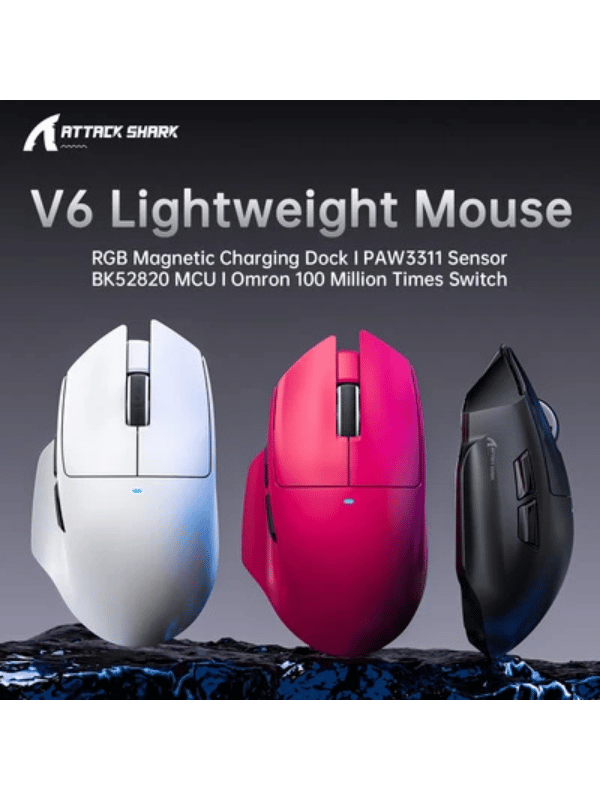 ATTACK SHARK V6 Ultra-Light Tri-Mode Gaming Mouse with Magnetic Charging Dock, PixArt PAW3311 Gaming Sensor, BT/2.4G Wireless/Wired, BLACK