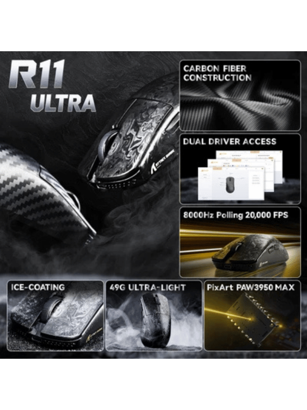 ATTACK SHARK R11 ULTRA Carbon Fiber Wireless Gaming Mouse, 49g SUPERLIGHT, Nordic 52840 MCU, PixArt PAW3950MAX Sensor, 20000 FPS Static Scan Rate, Nano-Metal Ice Coating, Omron Opt