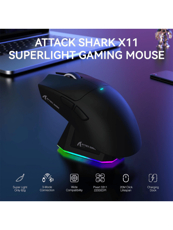 ATTACK SHARK X11 Wireless Gaming Mouse with Magnetic Charging Dock, PixArt PAW3311 Gaming Sensor, BT/2.4G Wireless/Wired, BLACK