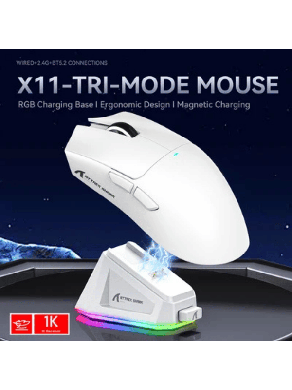 ATTACK SHARK X11 Wireless Gaming Mouse with Magnetic Charging Dock, PixArt PAW3311 Gaming Sensor, BT/2.4G Wireless/Wired, WHITE