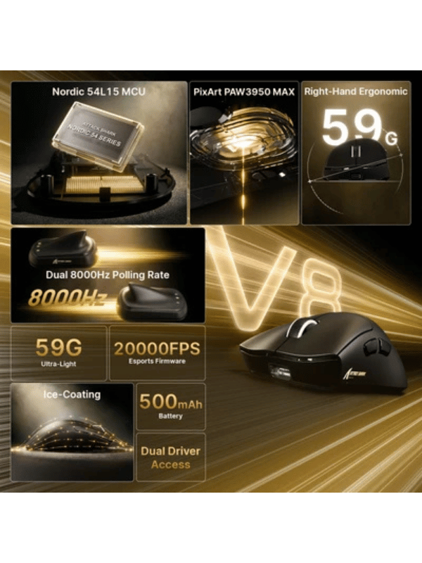 ATTACK SHARK V8 Ultra-Light Ergonomic Wireless Gaming Mouse, Right-handed Ergonomic Mouse, Nordic 54L15MCU, PAW3950MAX Sensor, Dual 8000Hz Polling Rate (Wireless/Wired), DPI up to 