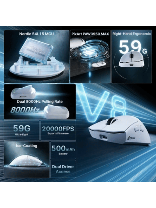 ATTACK SHARK V8 Ultra-Light Ergonomic Wireless Gaming Mouse, Right-handed Ergonomic Mouse, Nordic 54L15MCU, PAW3950MAX Sensor, Dual 8000Hz Polling Rate (Wireless/Wired), DPI up to 