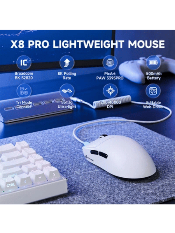 ATTACK SHARK X8 PRO Ultra-Light Wireless Gaming Mouse & C06 ULTRA Cable, 55g Tri-Mode Programmable Mice with C06ULTRA Coiled Cable, PAW3395PRO Gaming Sensor,8Khz Polling Rate,40000