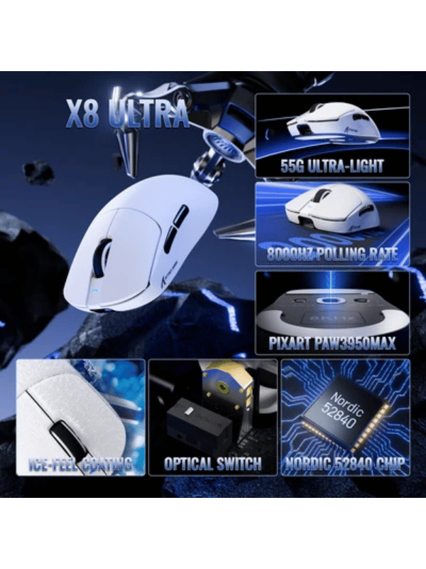 ATTACK SHARK X8 Ultimate Wireless Gaming Mouse, 8KHz,55g Ultra-Lightweight, BT/2.4GHz, Wireless/Wired, 8K Polling Rate, PixArt PAW3950MAX Sensor, 42000 DPI,8KHz, 800mAh Battery, WH