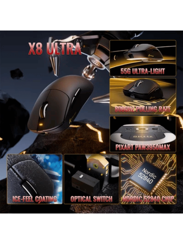 ATTACK SHARK X8 Ultimate Wireless Gaming Mouse, 55g Ultra-Lightweight, BT/2.4GHz, Wireless/Wired, 8K Polling Rate, PixArt PAW3950MAX Sensor, 42000 DPI, 800mAh Battery, BLACK