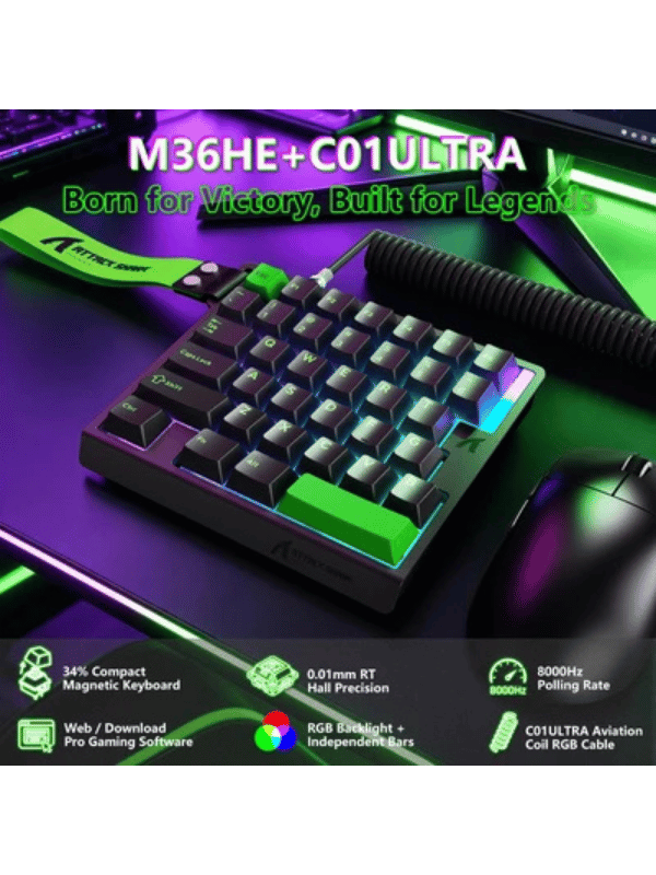 ATTACK SHARK M36 HE One-Handed Magnetic Switch Keyboard & C01 ULTRA LED Aviator Cable, 5‑Layer Sound‑Dampened, 8000Hz Polling, Hot‑Swappable, High‑Precision 0.01mm, PBT Keycaps, Ne