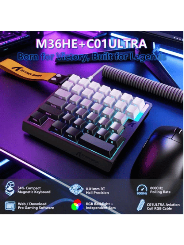 ATTACK SHARK M36 HE One-Handed Magnetic Switch Keyboard & C01 ULTRA LED Aviator Cable, 5‑Layer Sound‑Dampened, 8000Hz Polling, Hot‑Swappable, High‑Precision 0.01mm, PBT Keycaps, Mo
