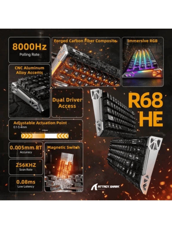 ATTACK SHARK R68 HE Carbon Fiber Rapid Trigger Keyboard Magnetic Switch, 60% Carbon Fiber Wired 8KHz Magnetic Keyboard With 0.005mm RT Accuracy, Ink Shade