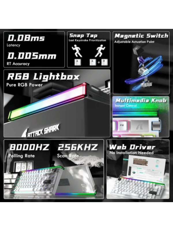 ATTACK SHARK R85 HE Rapid Trigger Keyboard Magnetic Switch with Custom Lightbox, 75% Wired 8KHz Magnetic Keyboard with Custom Lightbox, 0.005mm RT Accuracy, Starlight White Purple