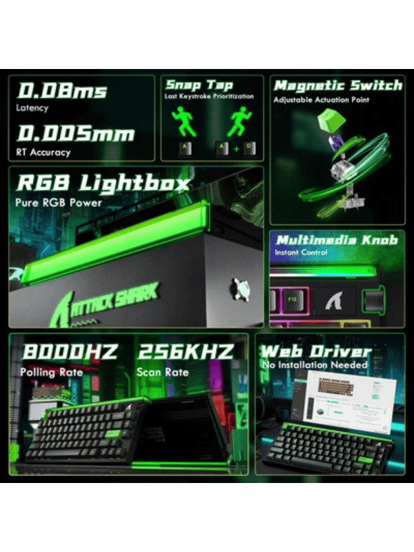 ATTACK SHARK R85 HE Rapid Trigger Keyboard Magnetic Switch with Custom Lightbox, 75% Wired 8KHz Magnetic Keyboard with Custom Lightbox, 0.005mm RT Accuracy, Neon Green