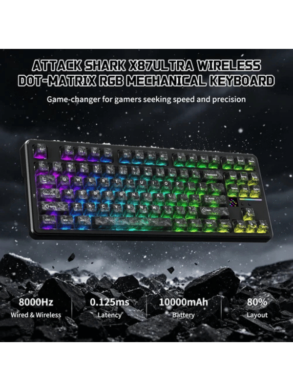 ATTACK SHARK X87 ULTRA Wireless Mechanical Keyboard With 8K Wireless Receiver, 8000Hz Polling Rate, 10000mAh Battery, Dot-Matrix Screen, 16.8M RGB, 8K Wireless Receiver, Meg Shark 