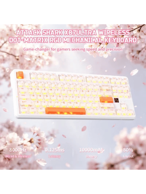 ATTACK SHARK X87 ULTRA Wireless Mechanical Keyboard With 8K Wireless Receiver, 8000Hz Polling Rate, 10000mAh Battery, Dot-Matrix Screen, 16.8M RGB, 8K Wireless Receiver, Meg Shark 