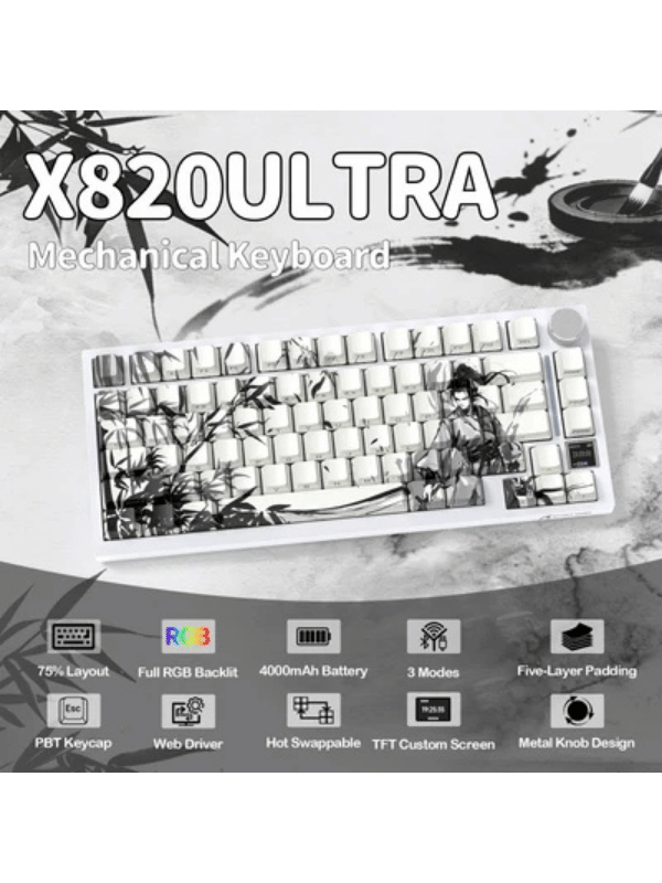 ATTACK SHARK X820 ULTRA Tri-mode Gasket Mechanical Keyboard, 75% Gasket-mounted Bluetooth 5.1/2.4G Wireless & Type-C Wired Mechanical Keyboard, Dark Warrior
