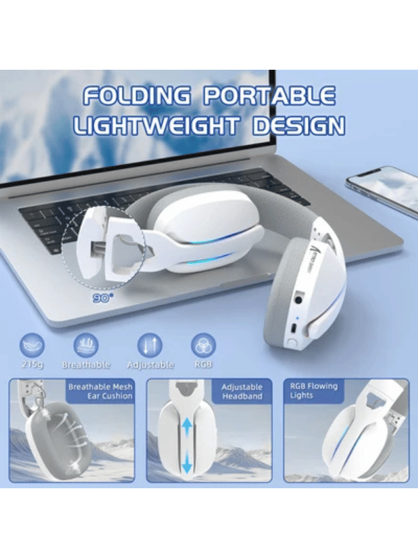 ATTACK SHARK L90 Foldable RGB Ultra-Light Tri-Mode Gaming Headset, Foldable Lightweight RGB Wireless for PC/PS4/PS5/Switch/Xbox, WHITE