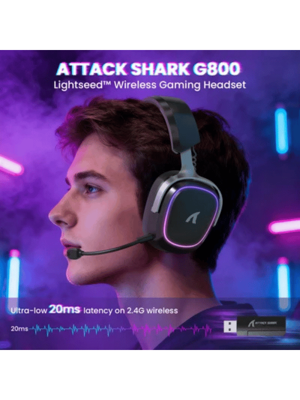 ATTACK SHARK G800 Wireless Gaming Headset, 1000 mAh Battery, Detachable Mics, Aluminum Alloy Frame, 3D Surround Sound, 20ms low latency, 50mm Drivers,3 Modes (2.4G/Bluetooth/Wired)
