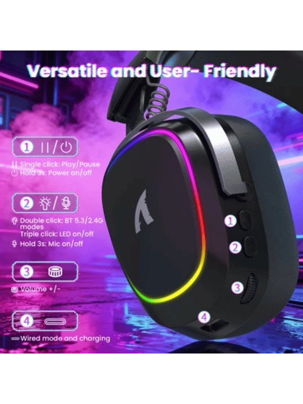 ATTACK SHARK G800 Wireless Gaming Headset, 1000 mAh Battery, Detachable Mics, Aluminum Alloy Frame, 3D Surround Sound, 20ms low latency, 50mm Drivers,3 Modes (2.4G/Bluetooth/Wired)