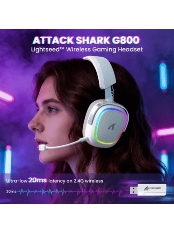 ATTACK SHARK G800 Wireless Gaming Headset, 1000 mAh Battery, Detachable Mics, Aluminum Alloy Frame, 3D Surround Sound, 20ms low latency, 50mm Drivers,3 Modes (2.4G/Bluetooth/Wired)