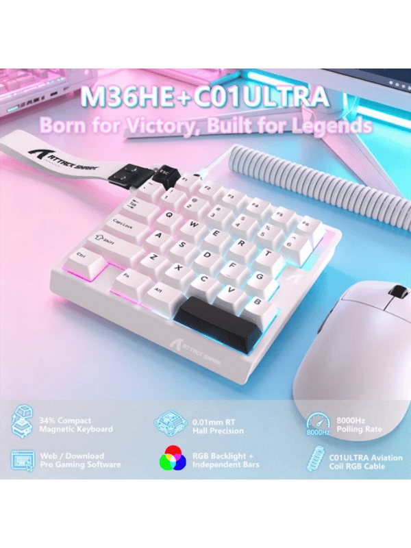 ATTACK SHARK M36 HE One-Handed Magnetic Switch Keyboard & C01 ULTRA LED Aviator Cable, 5‑Layer Sound‑Dampened, 8000Hz Polling, Hot‑Swappable, High‑Precision 0.01mm, PBT Keycaps, WH