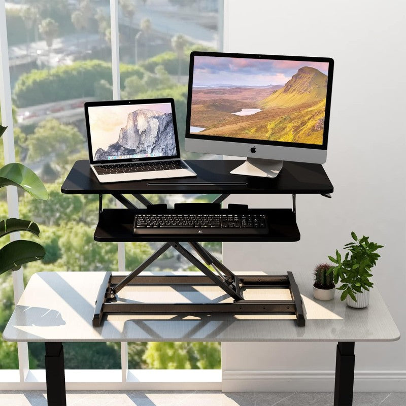 Adjustable Gas Spring Sit-Stand Desk Riser – Ergonomic Height-Adjustable Workstation with Keyboard Tray and Large Surface - DR23