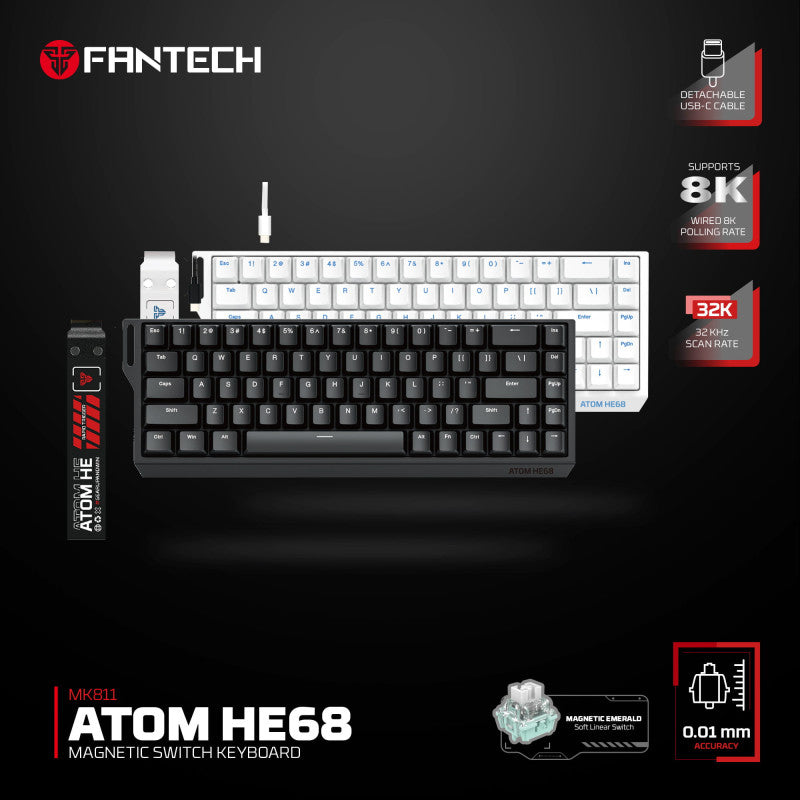FANTECH ATOM HE68 MK811, High‑Precision Magnetic‑Switch Mechanical Keyboard, 8K Polling, 0.01mm Accuracy