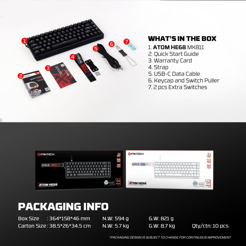 FANTECH ATOM HE68 MK811, High‑Precision Magnetic‑Switch Mechanical Keyboard, 8K Polling, 0.01mm Accuracy