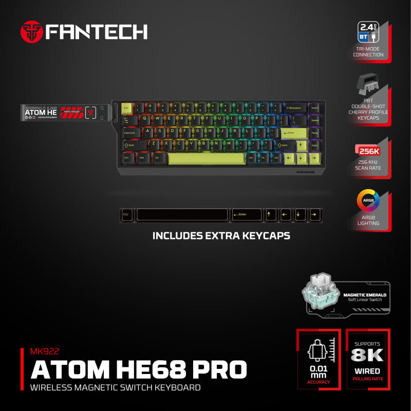 FANTECH ATOM Pro HE68 MK922, High Precision Magnetic Switch Keyboard, 3 Modes: Bluetooth, Wireless & Wired, 8K Polling