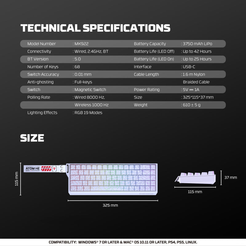FANTECH ATOM Pro HE68 MK922, High Precision Magnetic Switch Keyboard, 3 Modes: Bluetooth, Wireless & Wired, 8K Polling