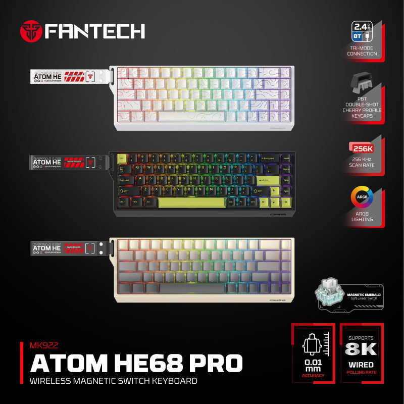 FANTECH ATOM Pro HE68 MK922, High Precision Magnetic Switch Keyboard, 3 Modes: Bluetooth, Wireless & Wired, 8K Polling