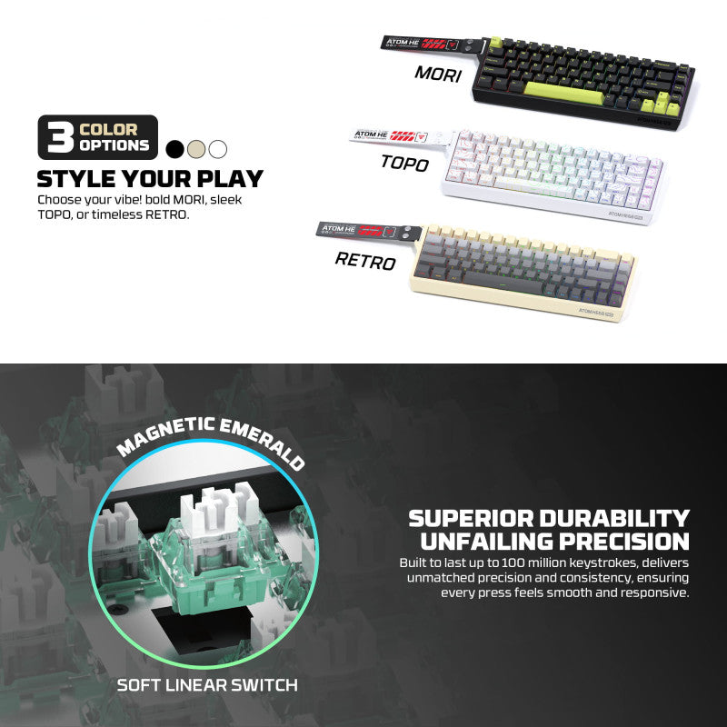 FANTECH ATOM Pro HE68 MK922, High Precision Magnetic Switch Keyboard, 3 Modes: Bluetooth, Wireless & Wired, 8K Polling