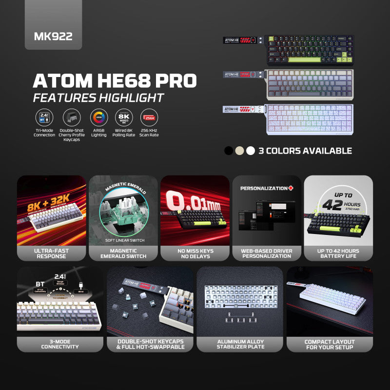 FANTECH ATOM Pro HE68 MK922, High Precision Magnetic Switch Keyboard, 3 Modes: Bluetooth, Wireless & Wired, 8K Polling