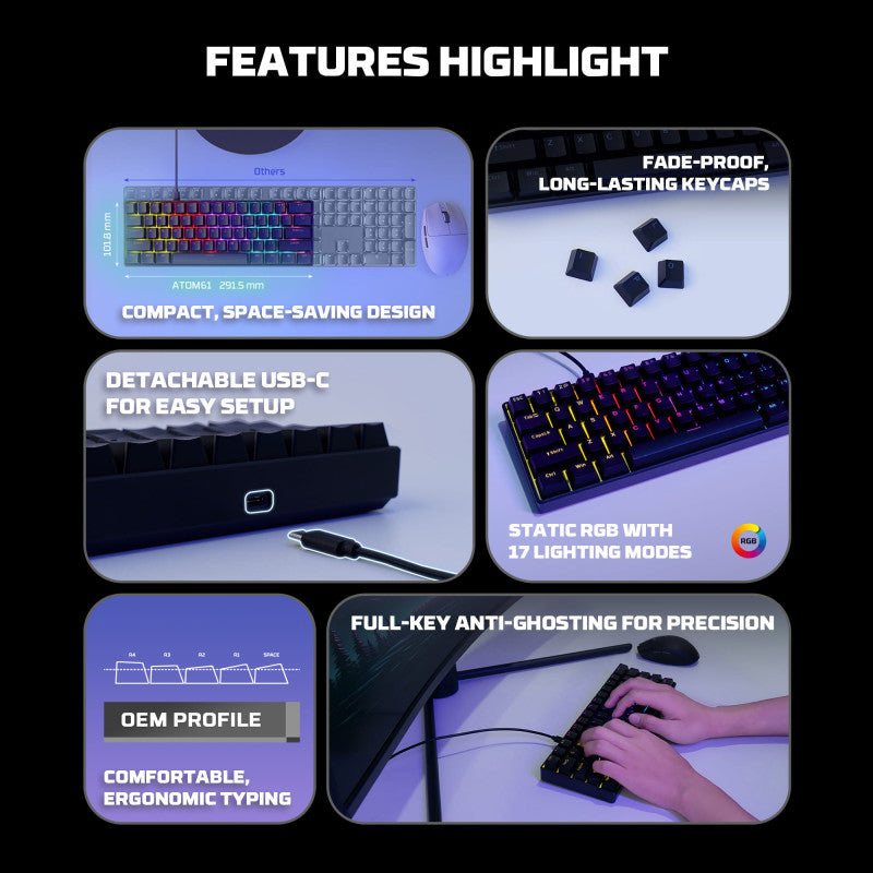Fantech ATOM61 MK211 Mechanical Gaming Keyboard, 60% Compact Layout with RGB Lighting