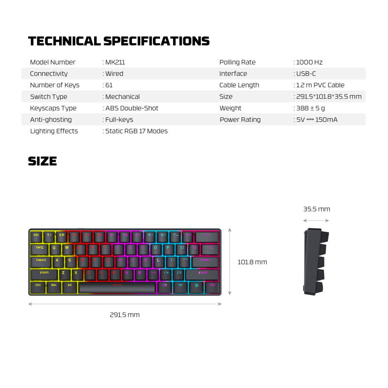 Fantech ATOM61 MK211 Mechanical Gaming Keyboard, 60% Compact Layout with RGB Lighting