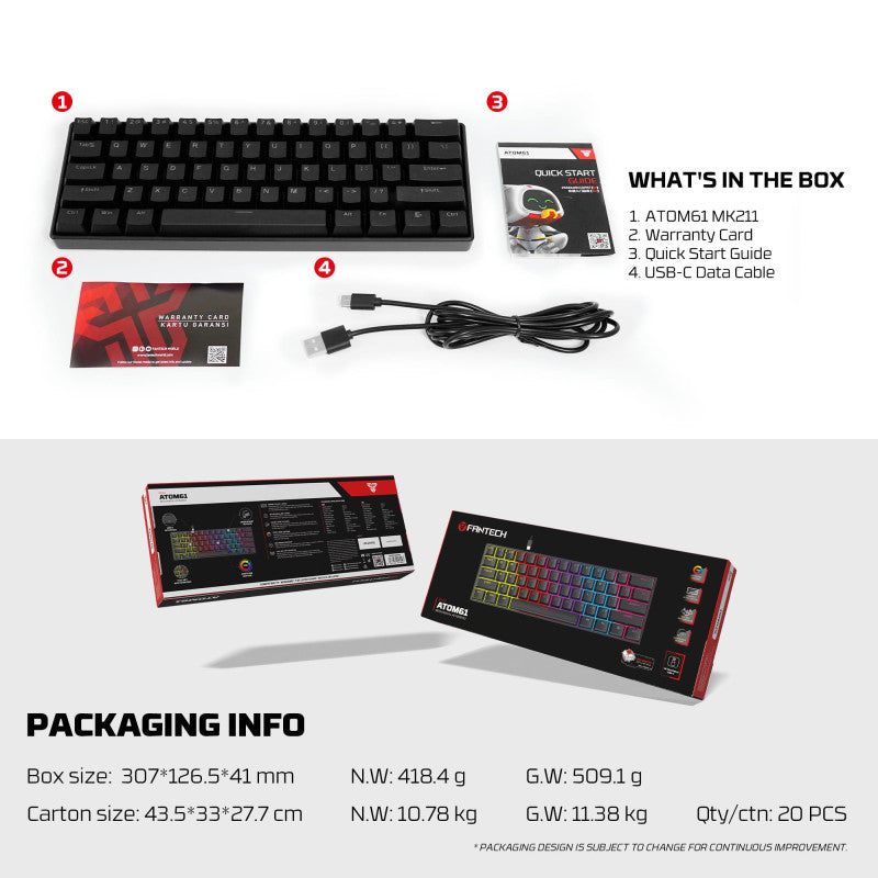 Fantech ATOM61 MK211 Mechanical Gaming Keyboard, 60% Compact Layout with RGB Lighting