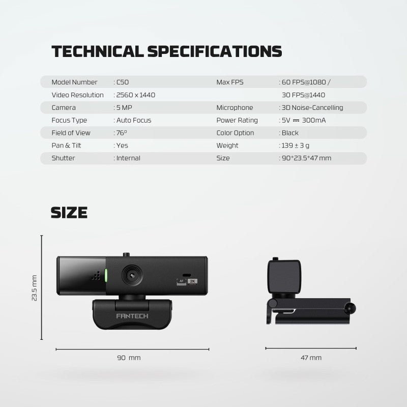 FANTECH C50 LUMINOS: Professional 2K Quad-HD Webcam with Auto Focus, Support for 60FPS, Built-in Micro 3D Noise Cancellation